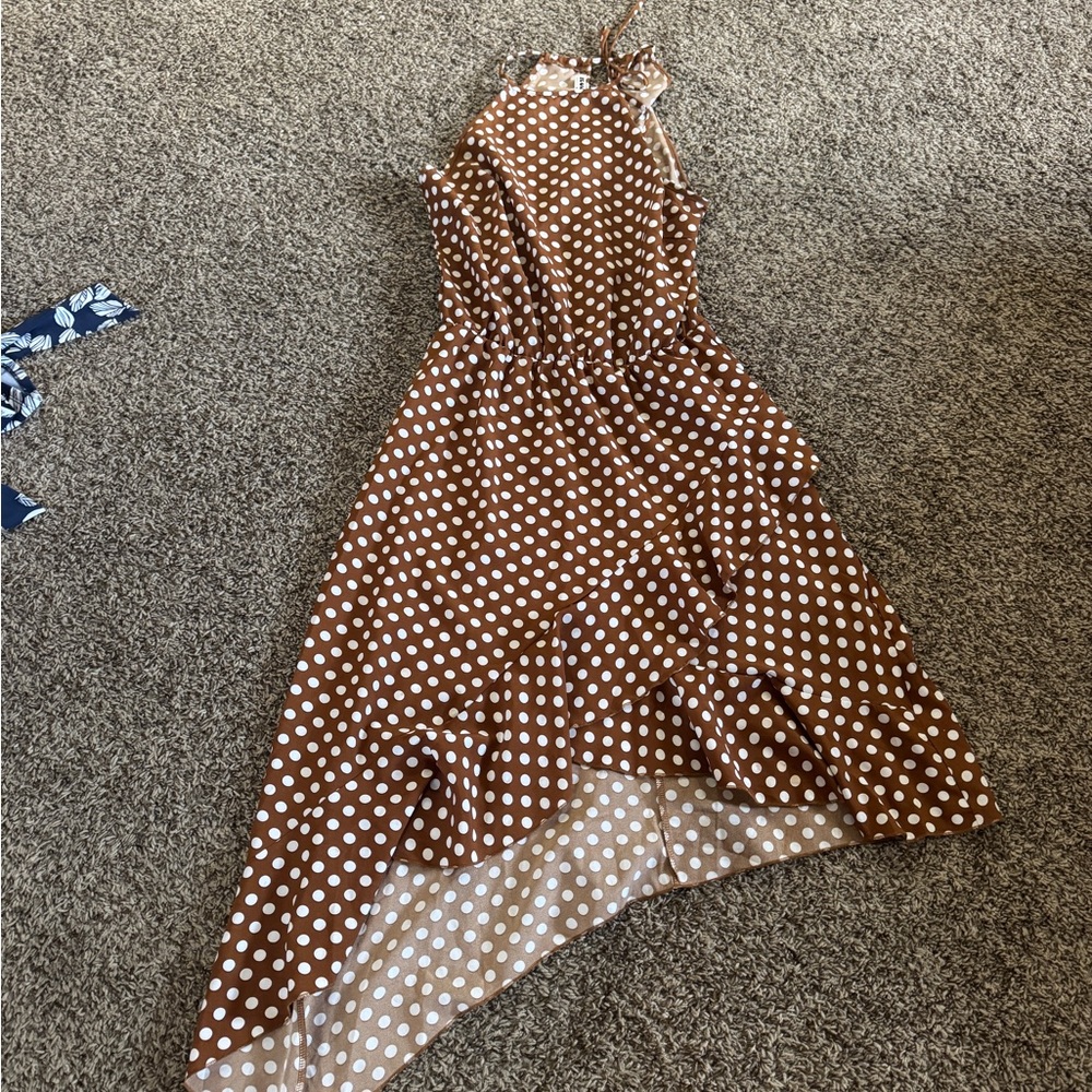 Wish Asymmetrical Brown and White Polka Dot Dress